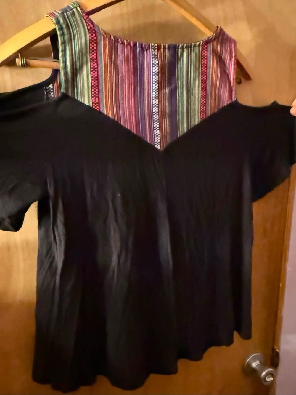 Moa Moa Black Cold-Shoulder Tee with Multicolor Striped Yoke